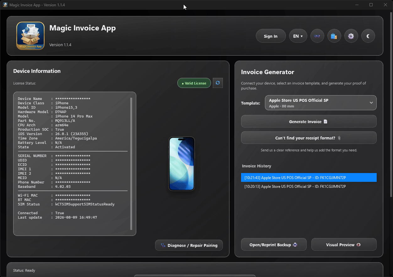 Official Magic Invoice App 1.1.4 Live Print Inspector demonstration