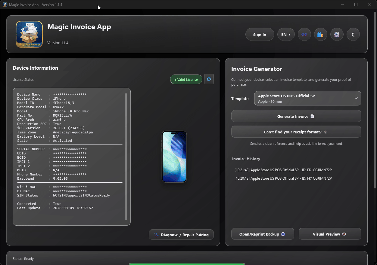 Magic Invoice App missing format request flow