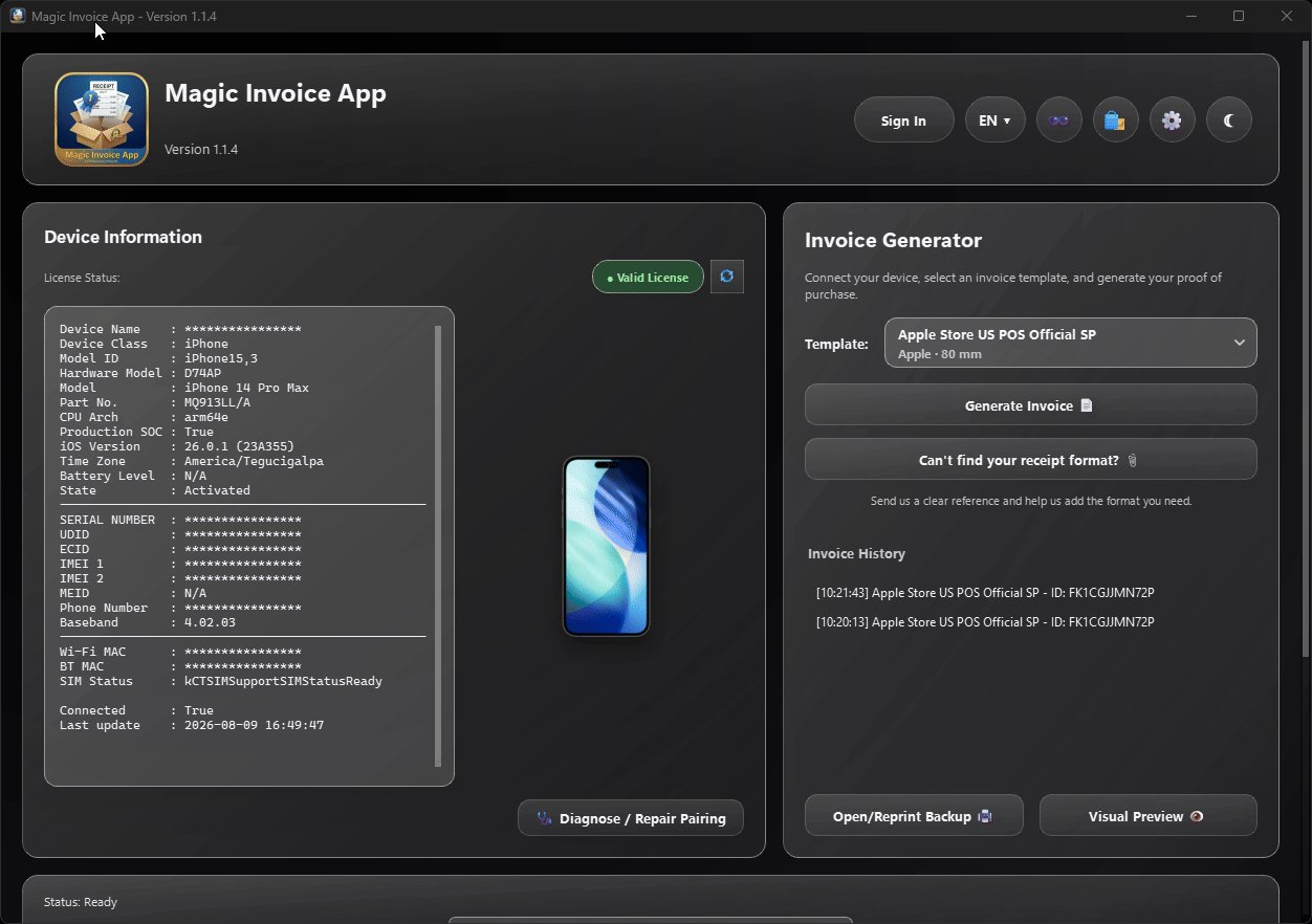 Magic Invoice App searchable template browser